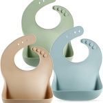PandaEar Set of 3 Cute Silicone Baby Bibs for Babies & Toddlers (10-72 Months) Waterproof, Soft, Unisex, Non Messy (Brown/Blue/Green)